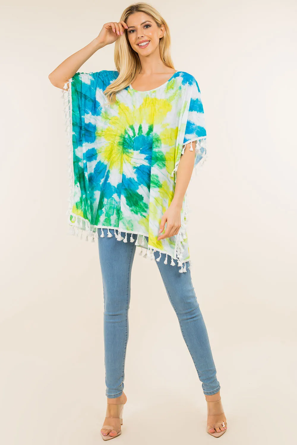 PA-4122 tie dyed poncho with tassels