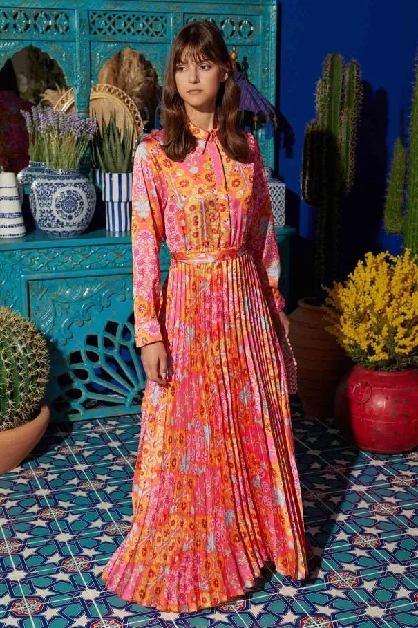 Patterned Pleated Satin Dress Pink