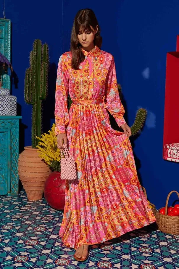 Patterned Pleated Satin Dress Pink