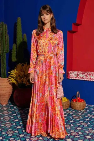 Patterned Pleated Satin Dress Pink