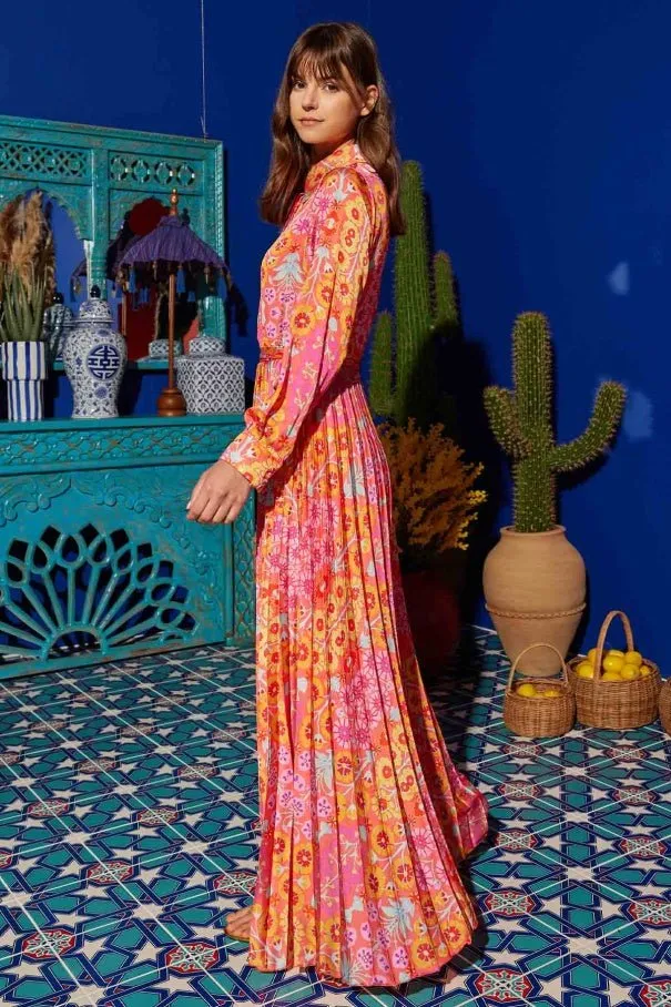 Patterned Pleated Satin Dress Pink