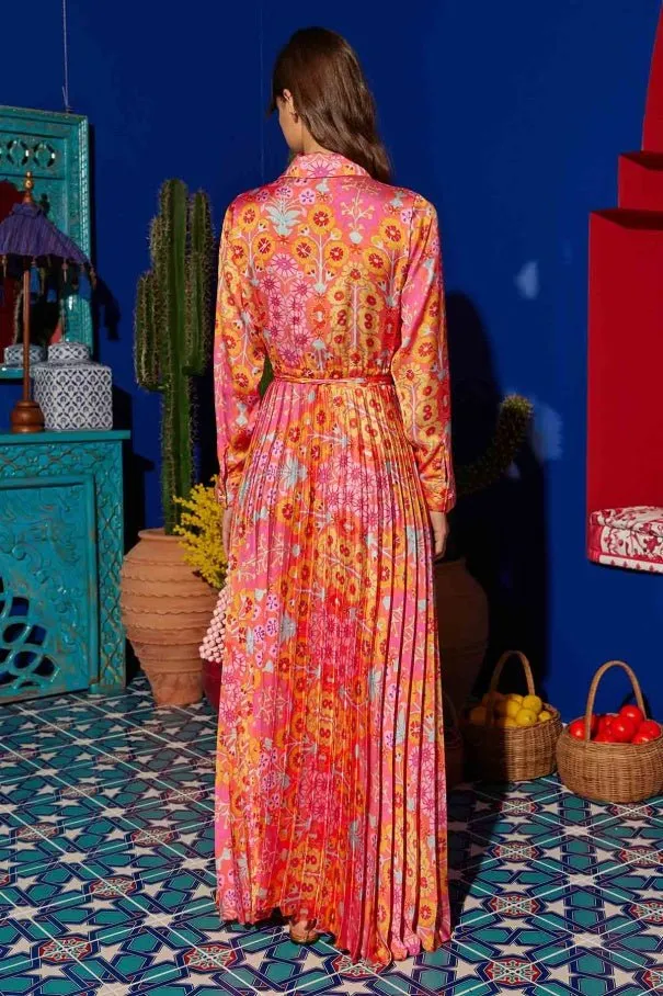 Patterned Pleated Satin Dress Pink