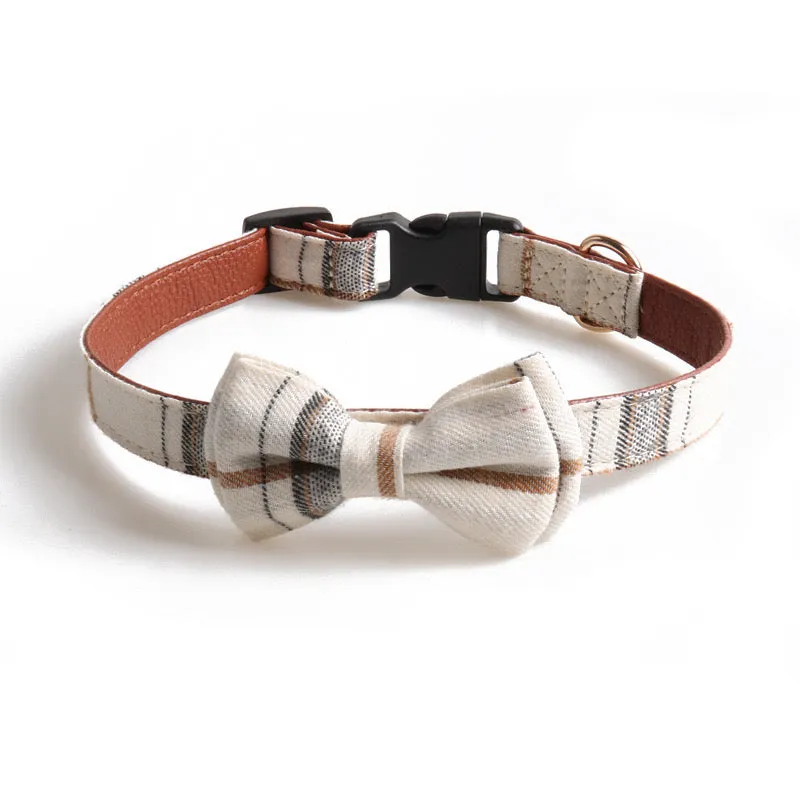 Plaid Bowtie Pet Collar - Khaki