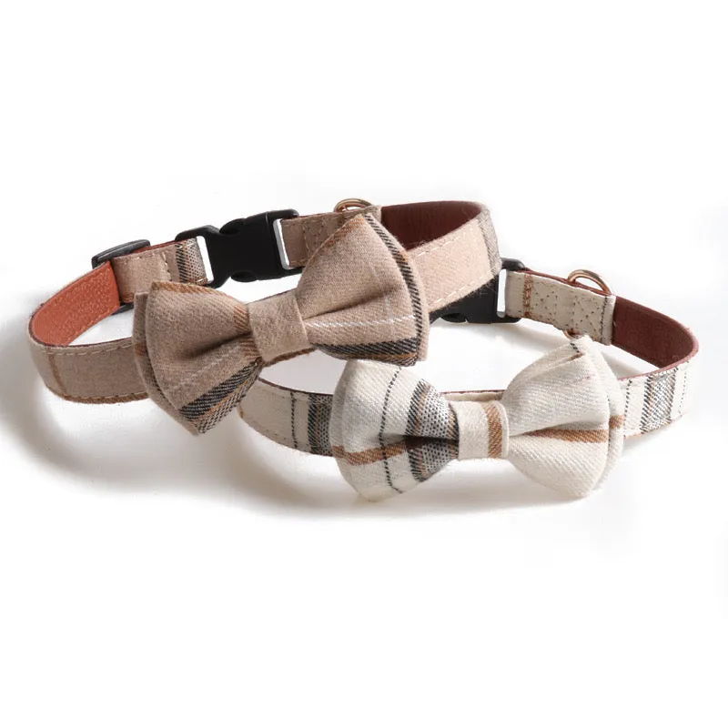 Plaid Bowtie Pet Collar - Khaki