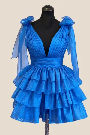 Plunge Neck Royal Blue Layered Short Dress