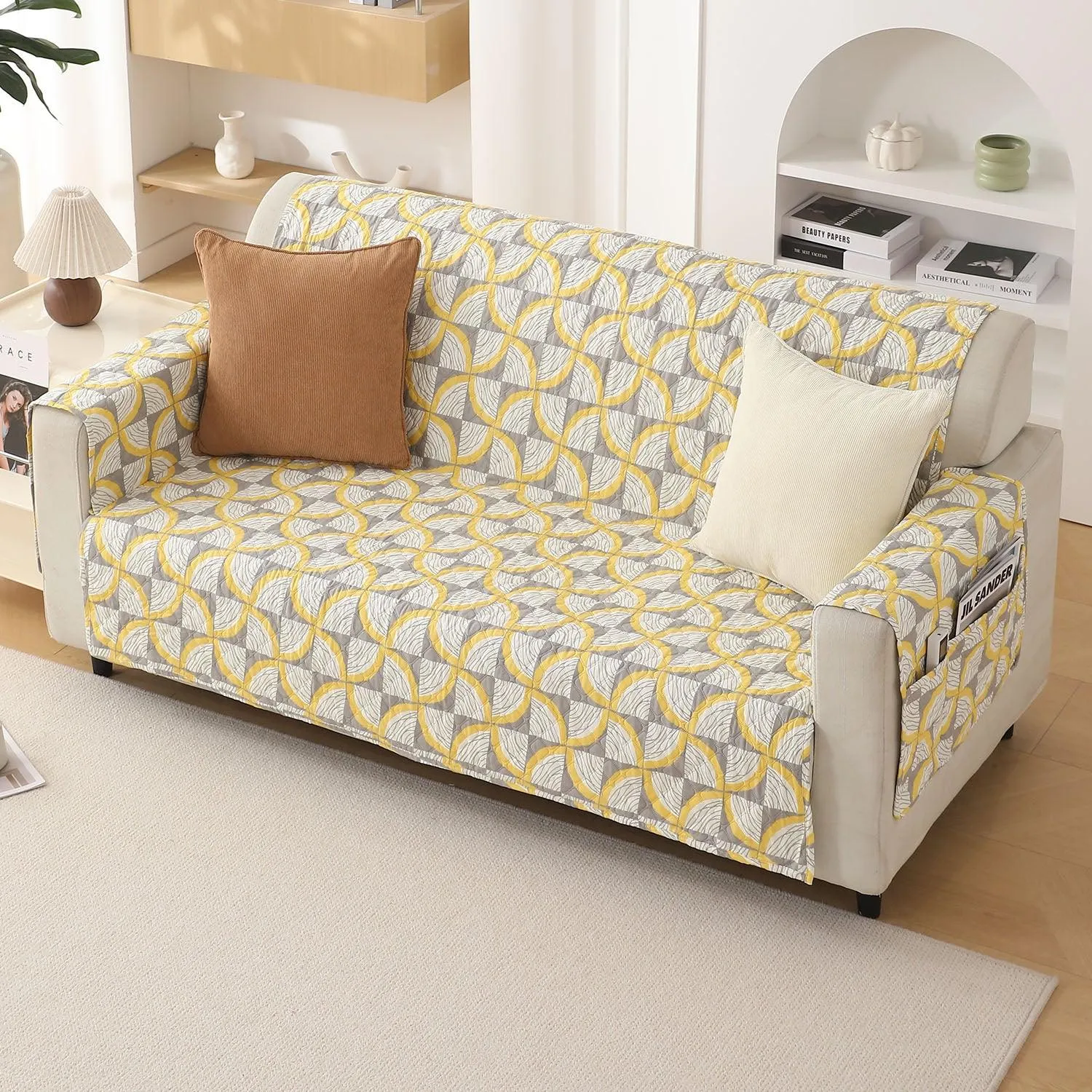 Quilted Printed Polyester Sofa Cover Mat for 1/2/3 Seater Sofa with Side Pockets, Pet Friendly, Windmill Cyber Yellow