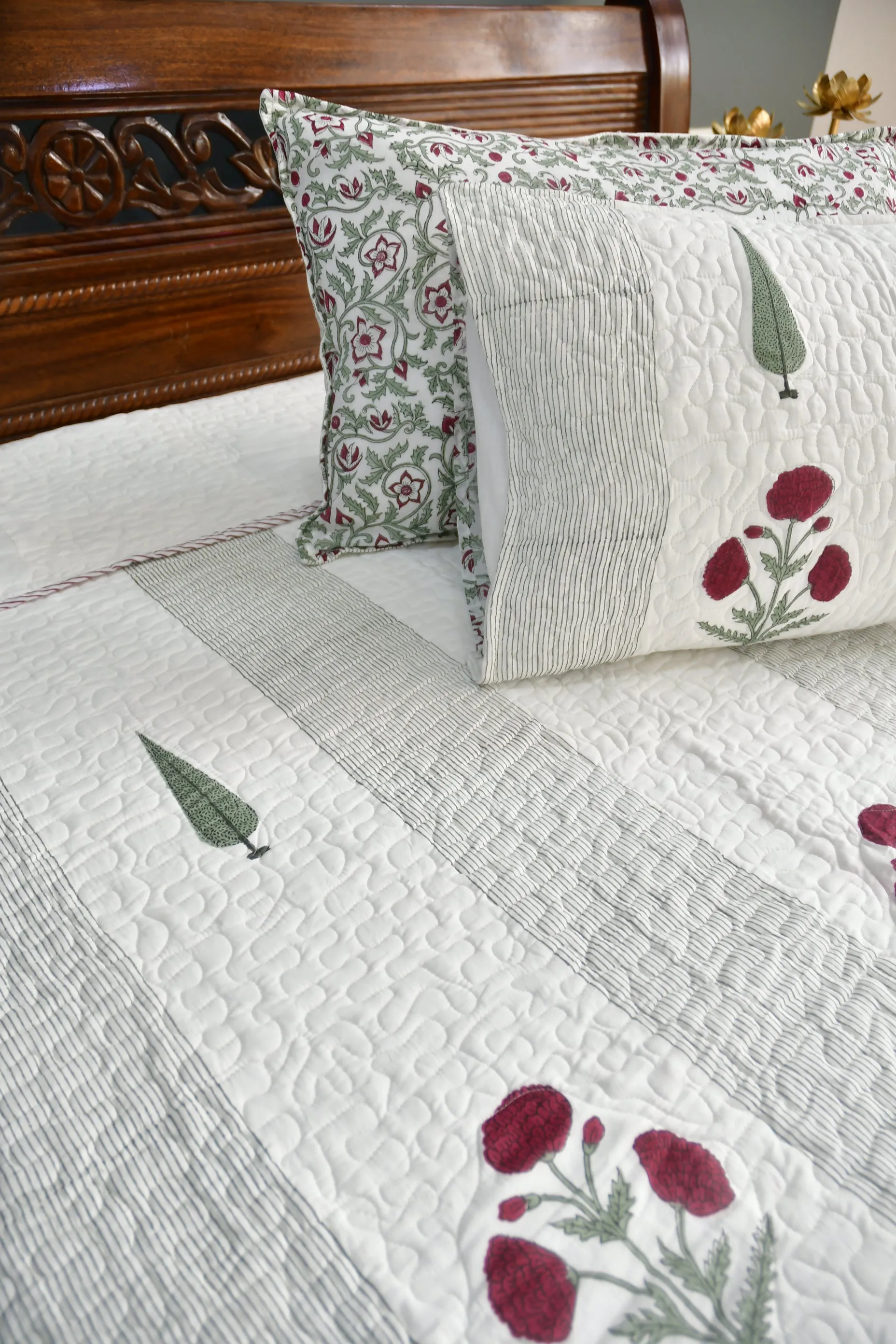 Red Poppy Quilted Bedcover | Hand-Blocked Design | Premium luxury