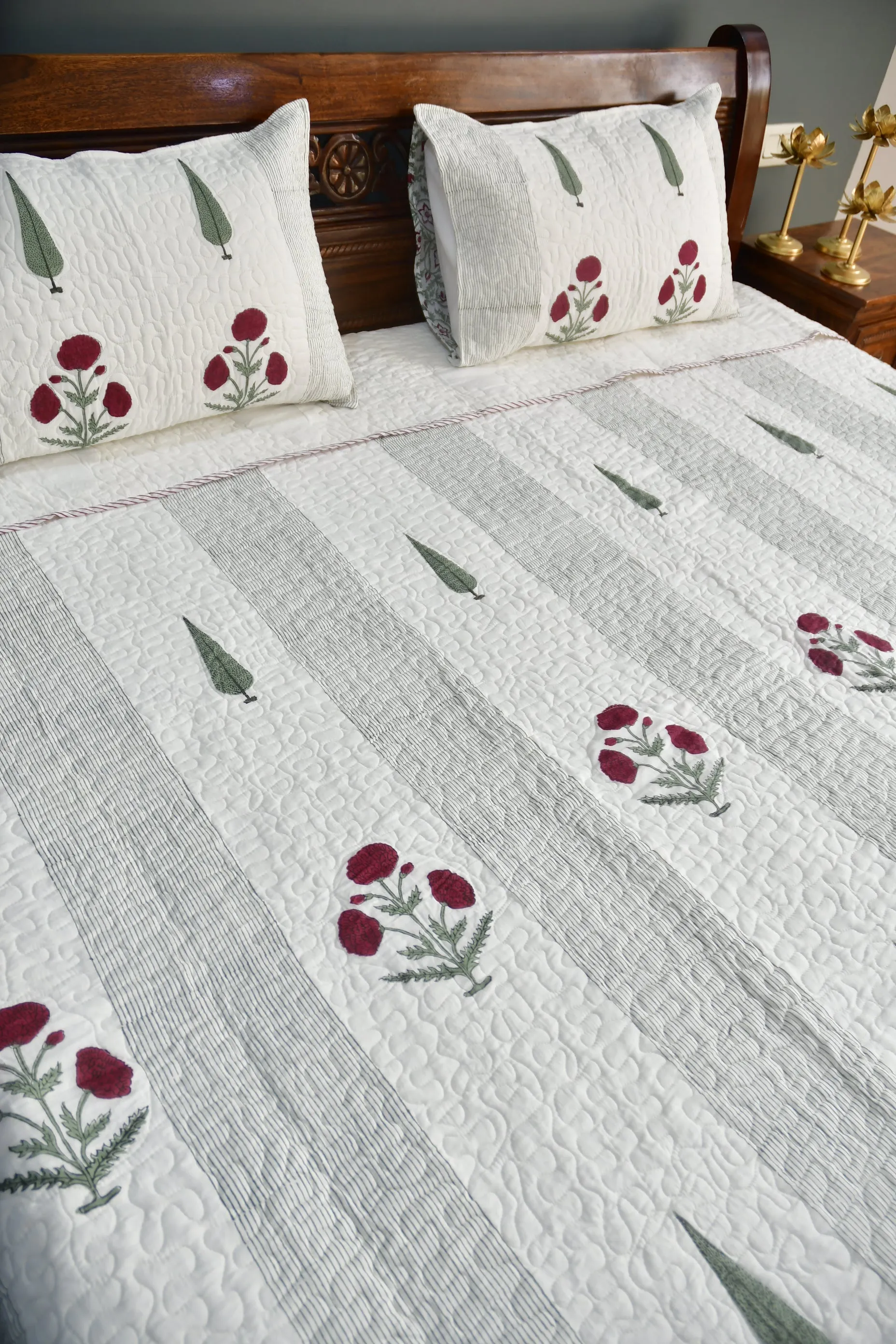 Red Poppy Quilted Bedcover | Hand-Blocked Design | Premium luxury
