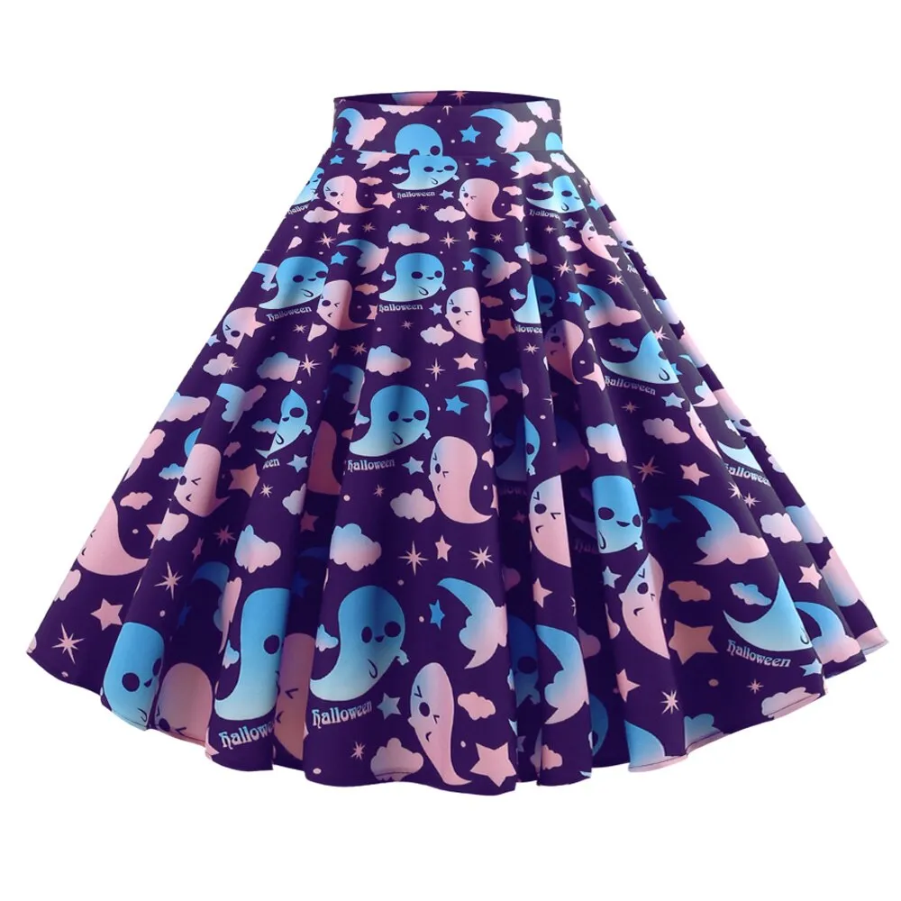 Retro Ghost Bat Print Halloween Skirt 50s High Waist Hepburn Vintage Christmas Jurken Long Cotton A-Line Party Women's Clothing