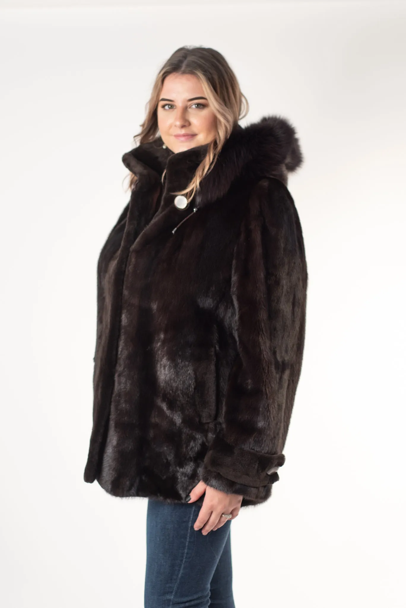 Rippe's Furs Mink Fur Jacket with Detachable Fox Fur Trim Hood - Mahogany