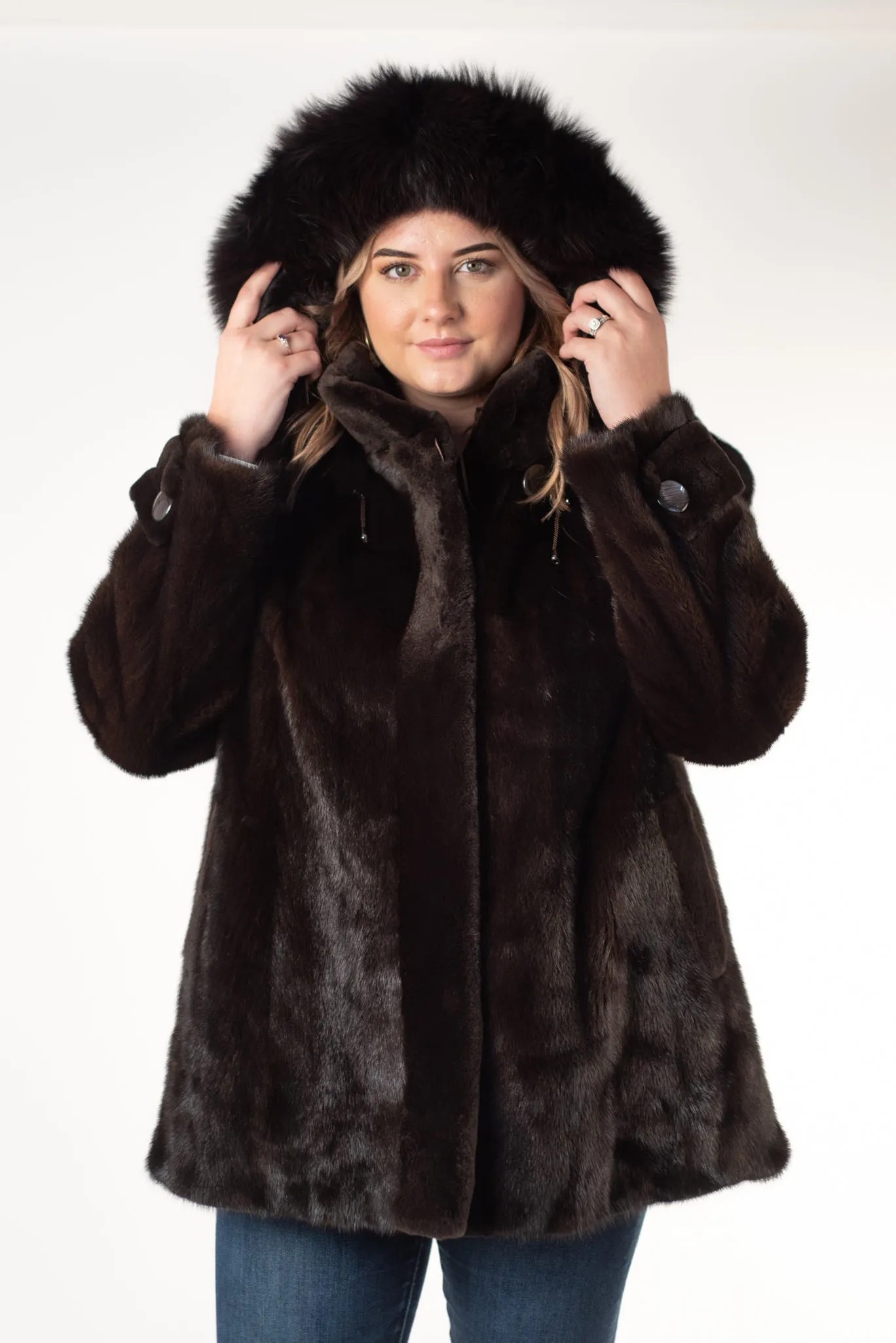 Rippe's Furs Mink Fur Jacket with Detachable Fox Fur Trim Hood - Mahogany
