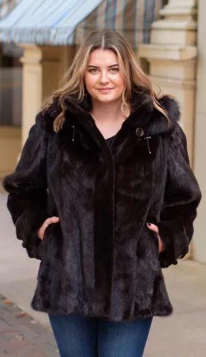 Rippe's Furs Mink Fur Jacket with Detachable Fox Fur Trim Hood - Mahogany