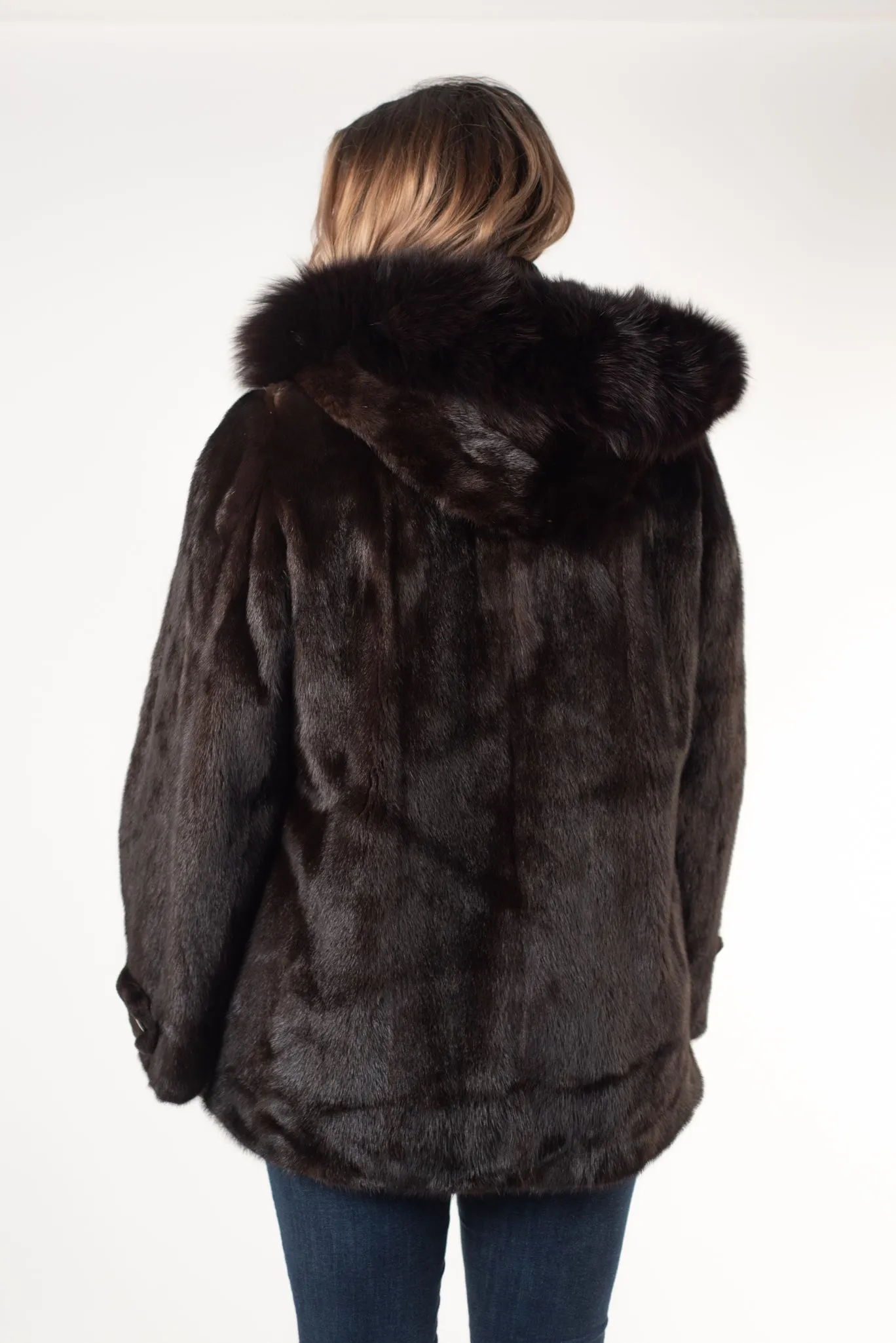 Rippe's Furs Mink Fur Jacket with Detachable Fox Fur Trim Hood - Mahogany