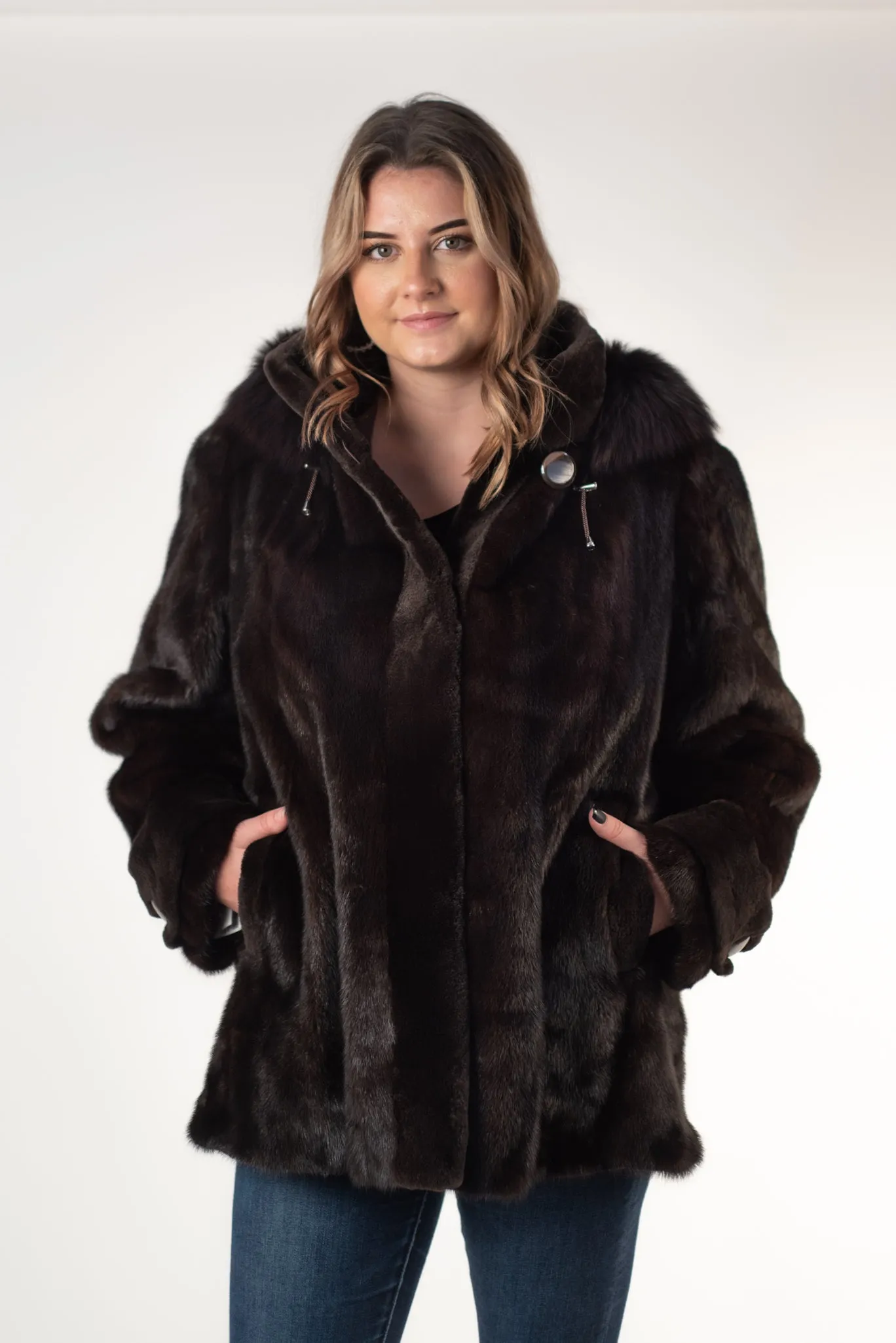 Rippe's Furs Mink Fur Jacket with Detachable Fox Fur Trim Hood - Mahogany