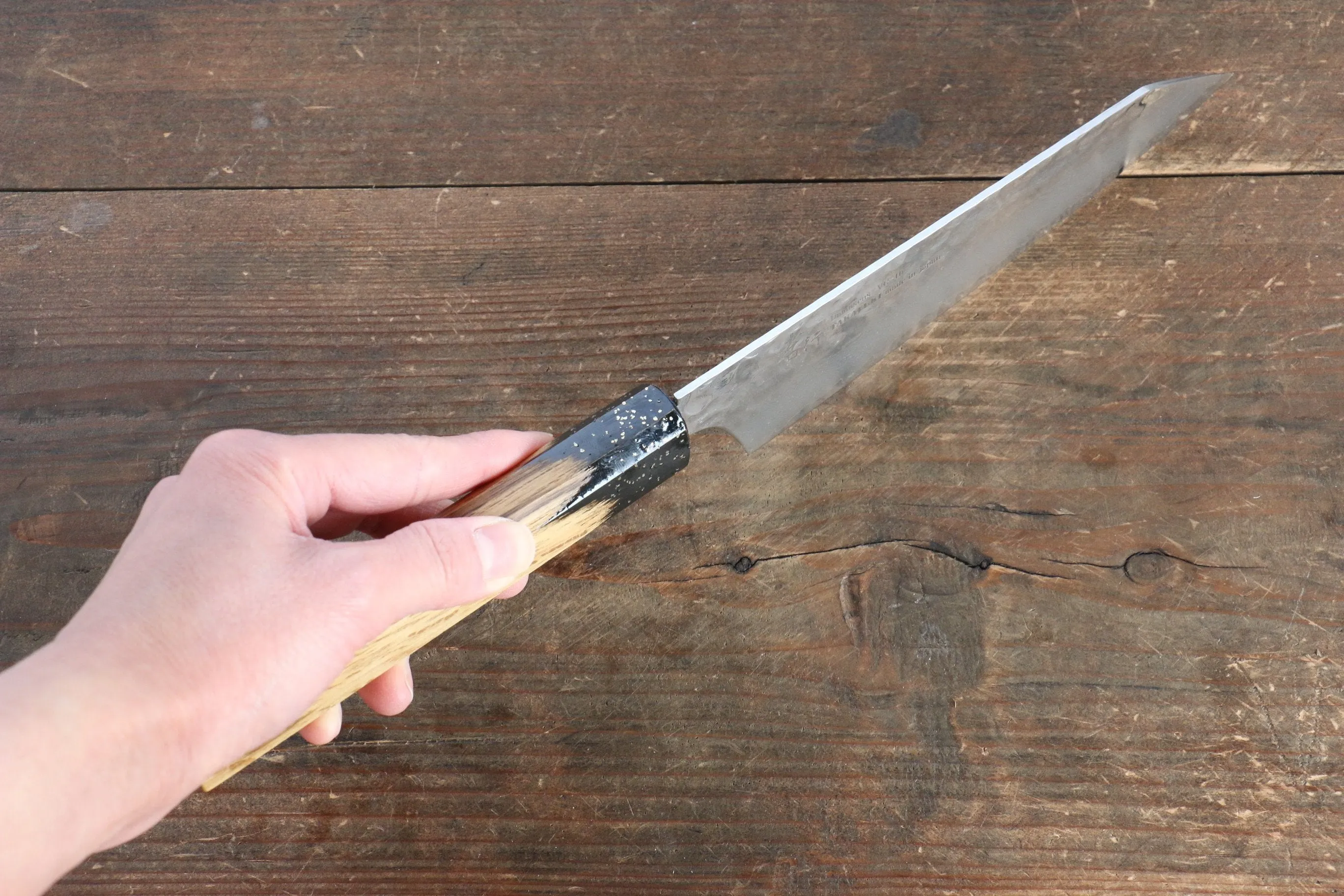 Sakai Takayuki VG10 33 Layer Damascus Kengata Santoku 160mm Live oak Lacquered (Kokushin) Handle