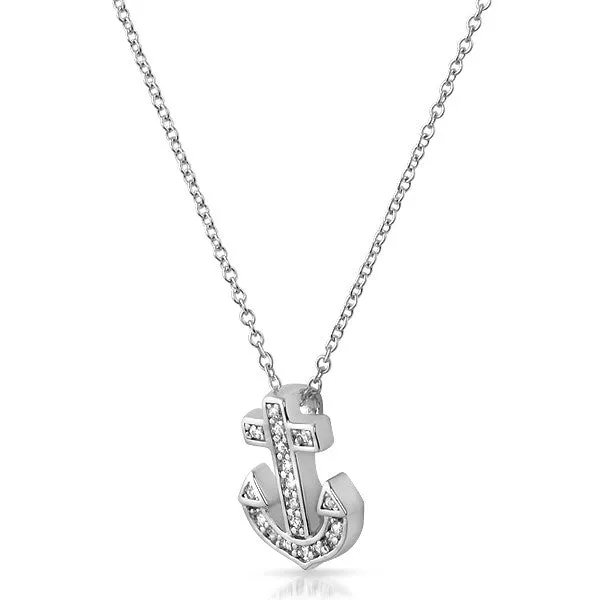 Silver CZ Anchor Cross Pendant Necklace Set
