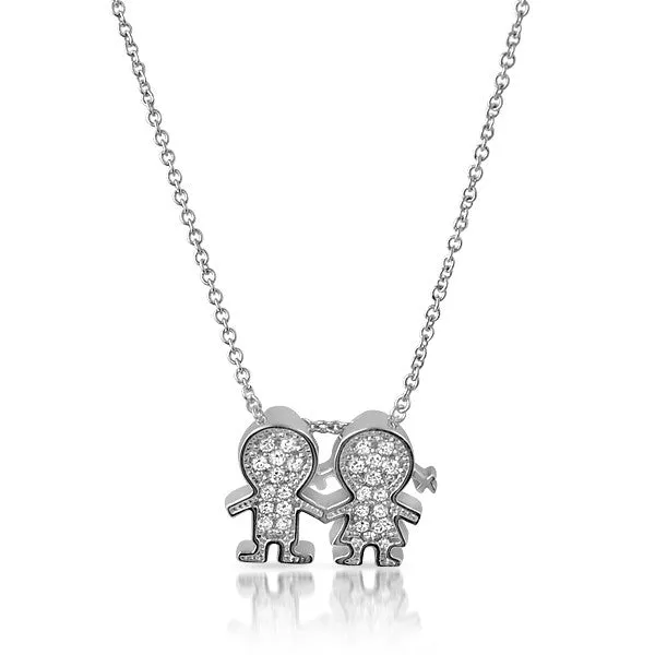Silver CZ Couple Pendant Necklace Set