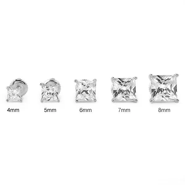 Silver Princess Cut CZ Studs Screwback