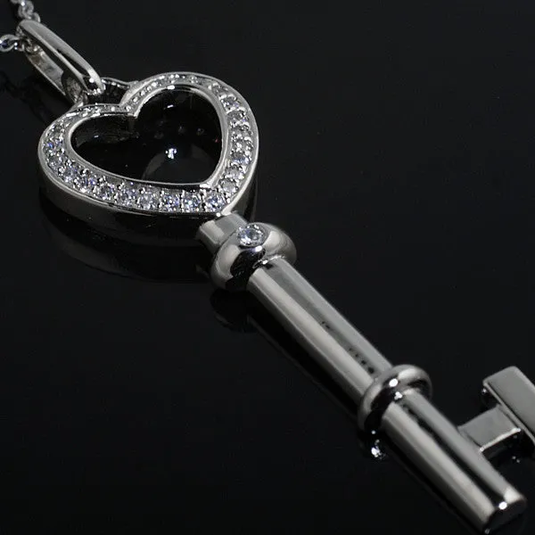Silver Signity CZ Heart Key Necklace