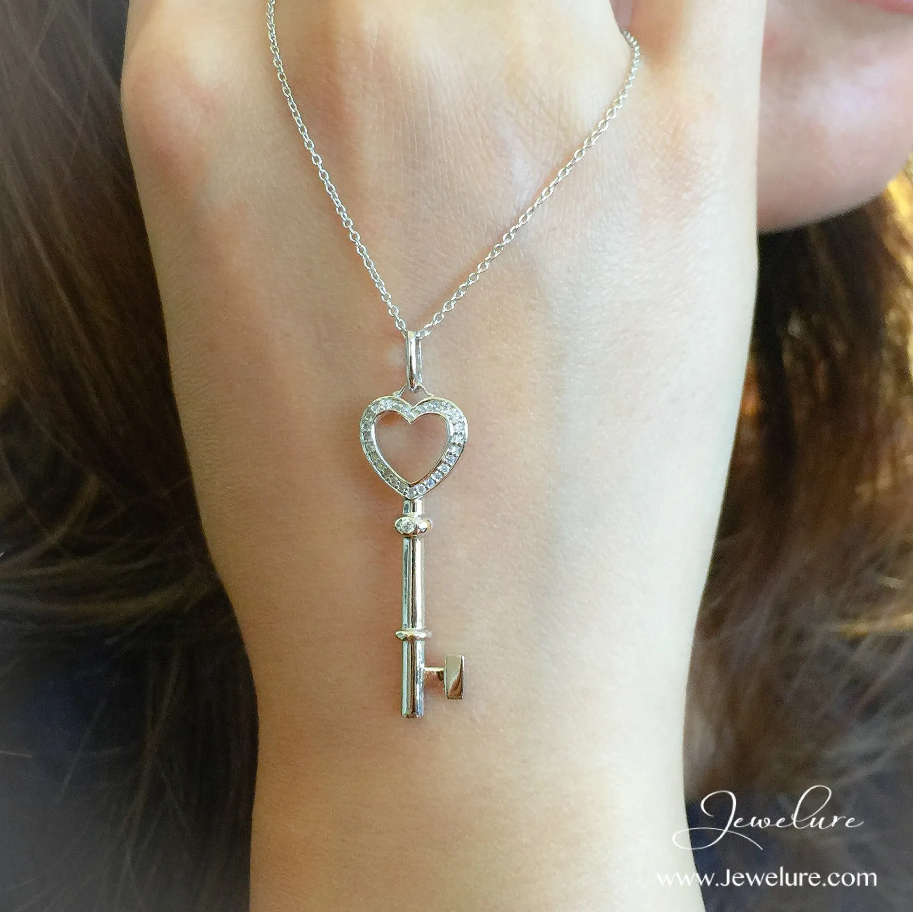 Silver Signity CZ Heart Key Necklace