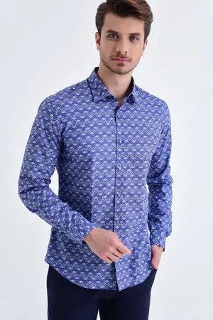 Slim Fit Long Sleeve Patterned Cotton Navy Dress Shirt