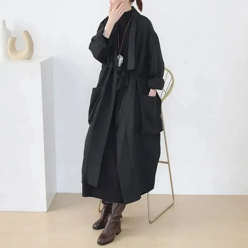 trench coat women Stylish Lace-Up Black Cotton Trench Coat