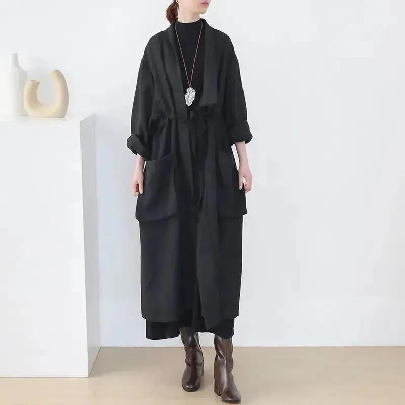 trench coat women Stylish Lace-Up Black Cotton Trench Coat