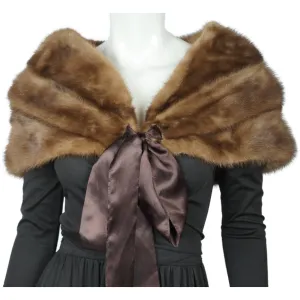 Vintage 1950s 60s Mink Fur Stole Shrug w Ribbon Tie Closure Pastel Brown Size M
