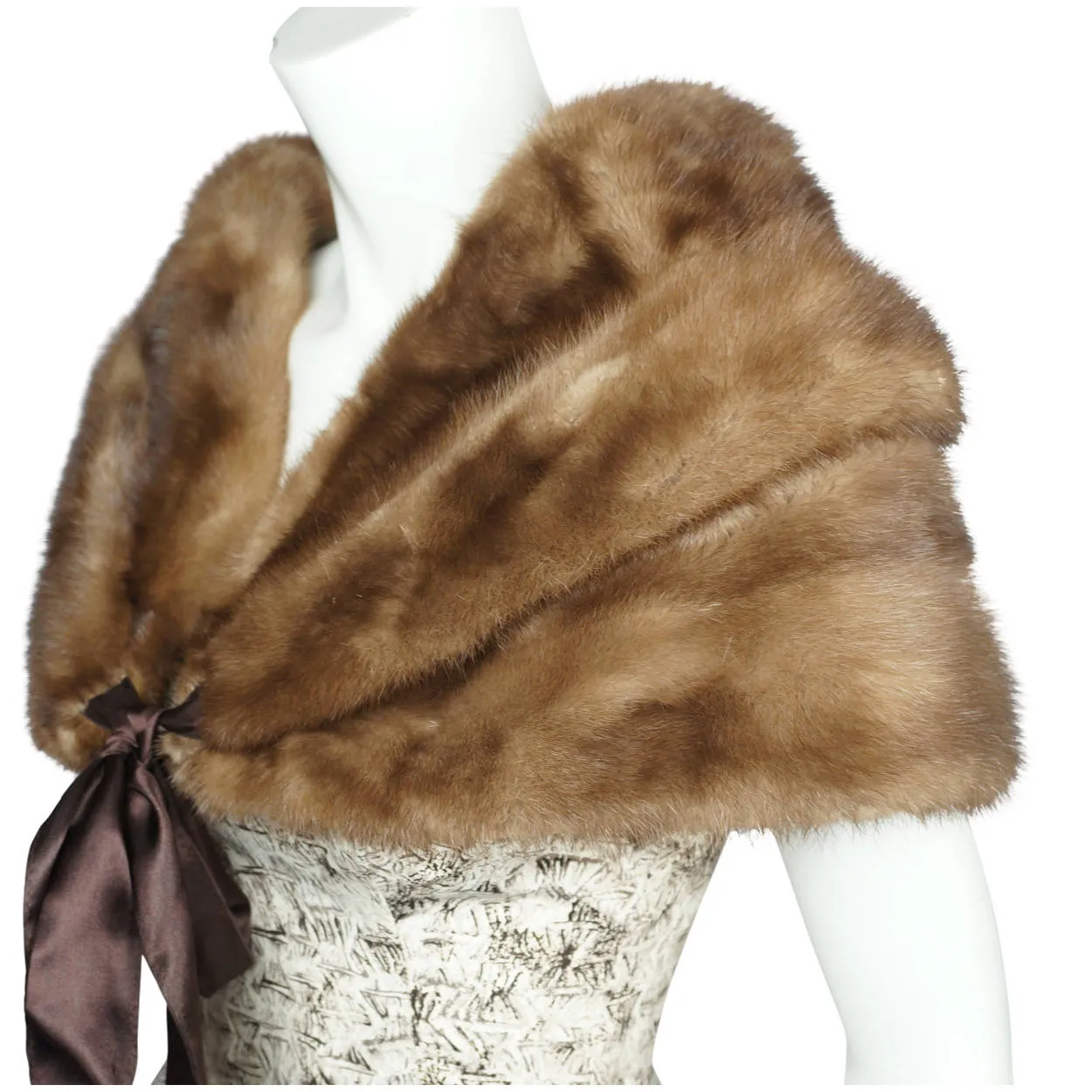 Vintage 1950s 60s Mink Fur Stole Shrug w Ribbon Tie Closure Pastel Brown Size M