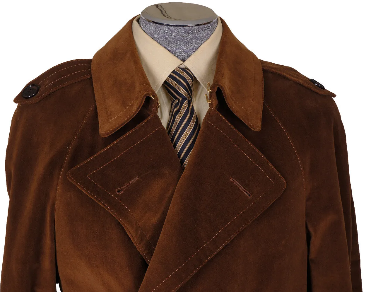Vintage 70s Mens Mod Trench Coat Brown Velvet L