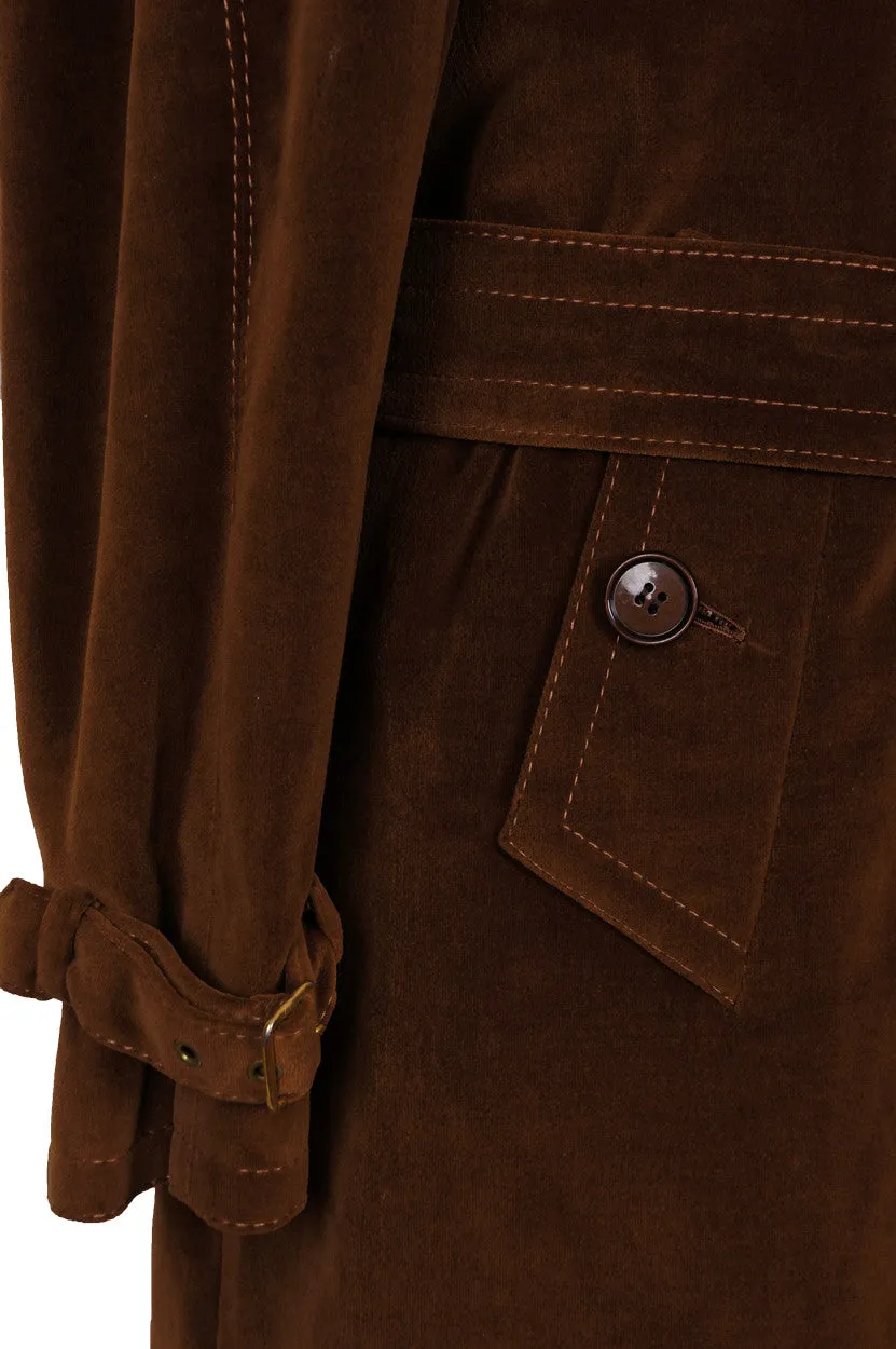 Vintage 70s Mens Mod Trench Coat Brown Velvet L
