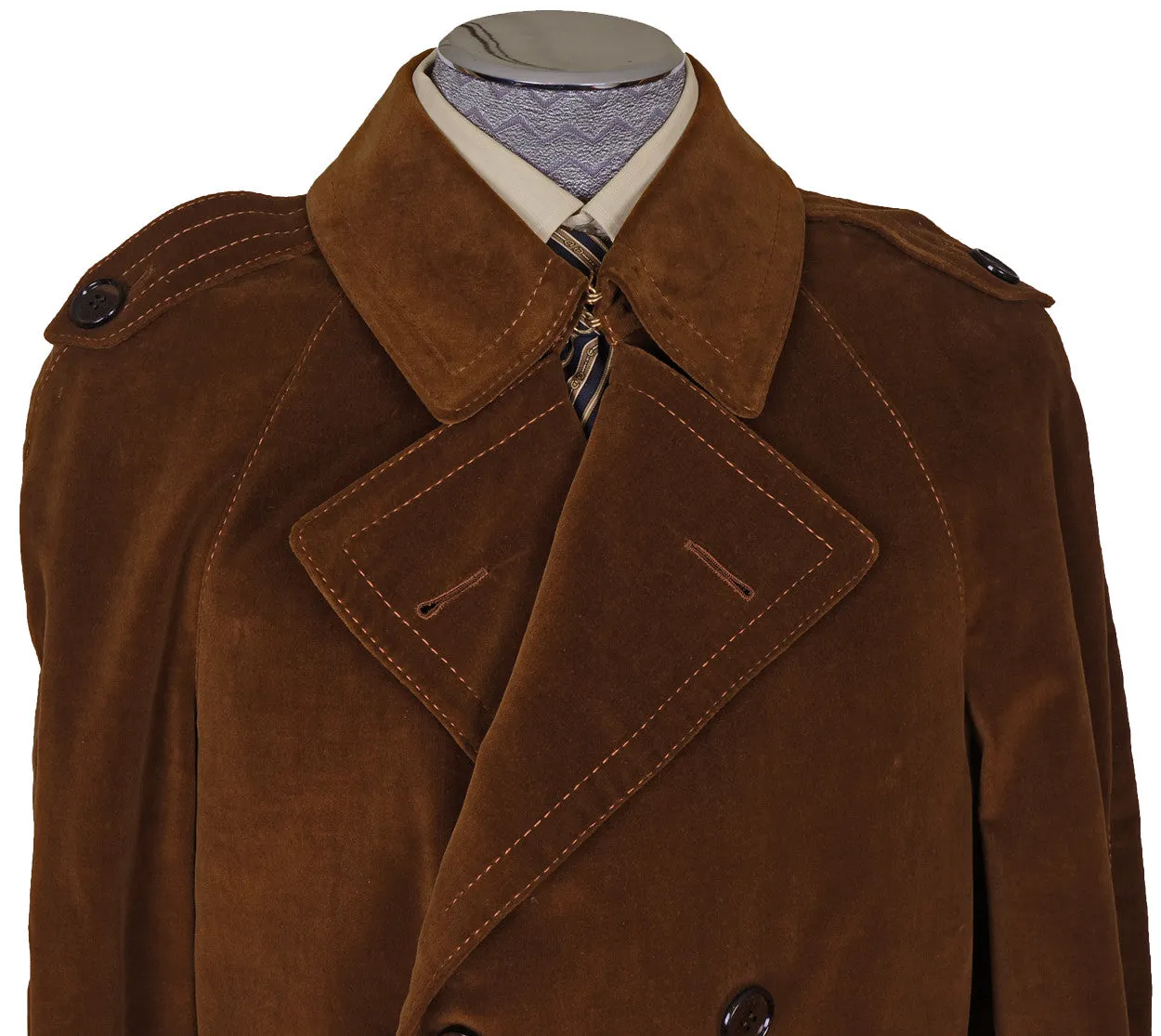 Vintage 70s Mens Mod Trench Coat Brown Velvet L