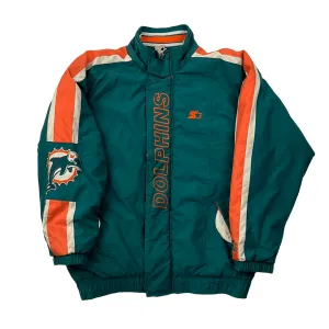 Vintage 90s Blue, Orange   White Starter Miami Dolphins NFL Spell-Out Coat/ Jacket - Medium