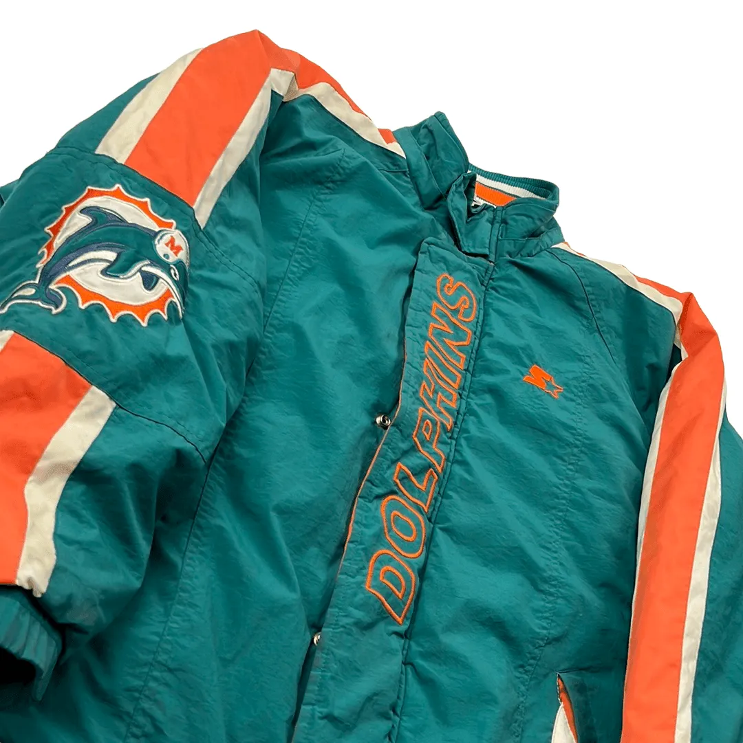 Vintage 90s Blue, Orange   White Starter Miami Dolphins NFL Spell-Out Coat/ Jacket - Medium