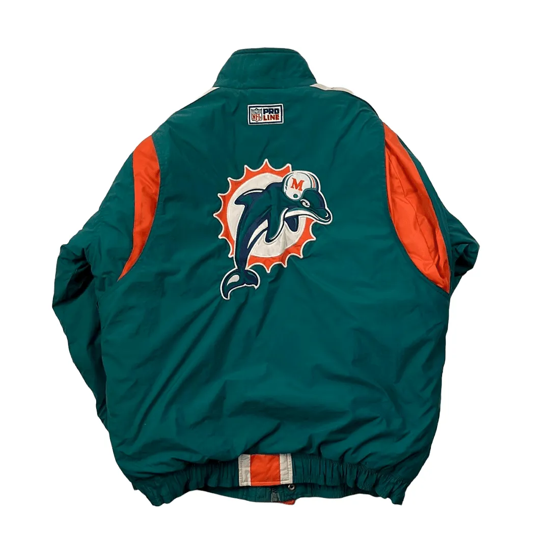 Vintage 90s Blue, Orange   White Starter Miami Dolphins NFL Spell-Out Coat/ Jacket - Medium