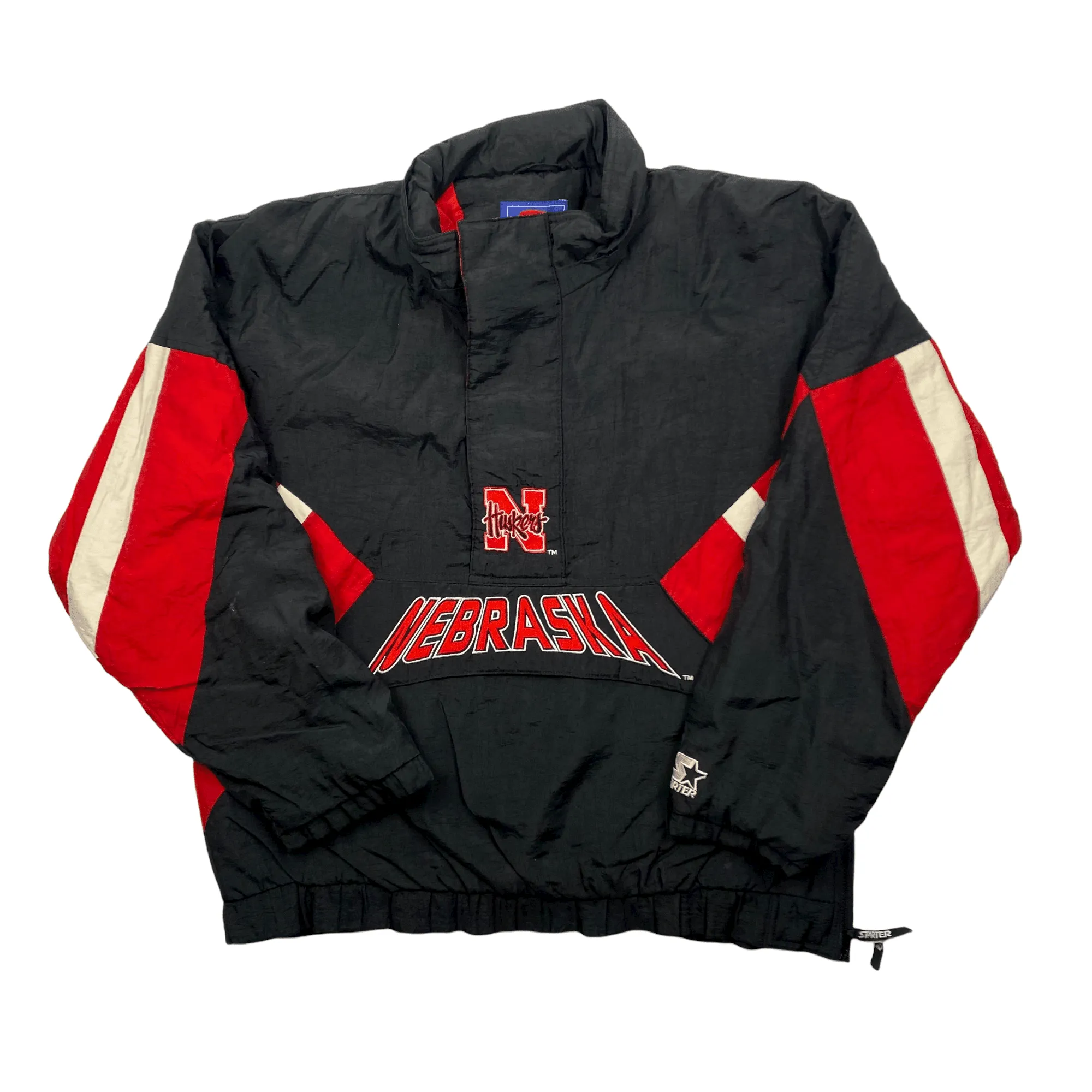 Vintage Black, Red   White Starter Nebraska USA Spell-Out Quarter Zip Coat - Extra Large