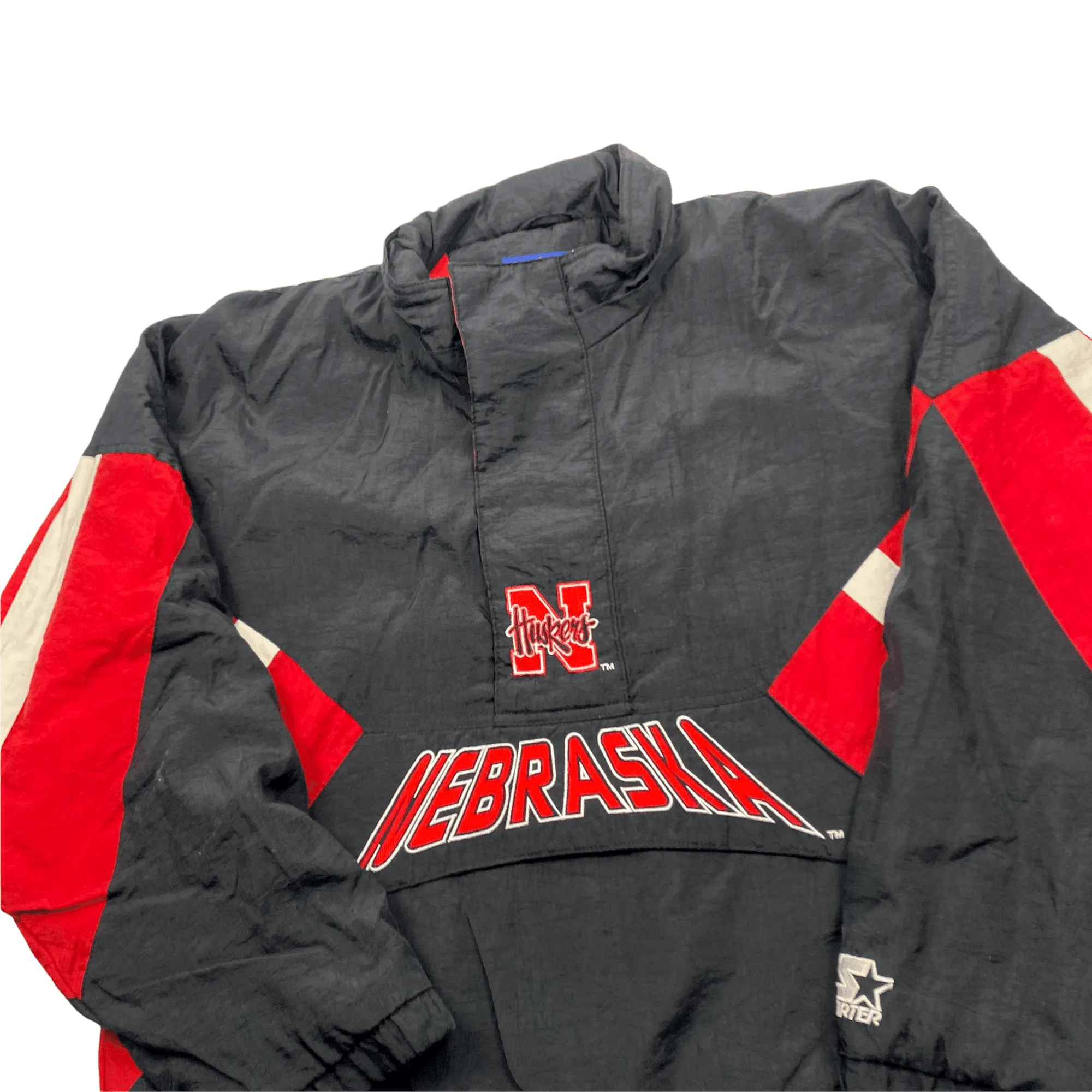 Vintage Black, Red   White Starter Nebraska USA Spell-Out Quarter Zip Coat - Extra Large