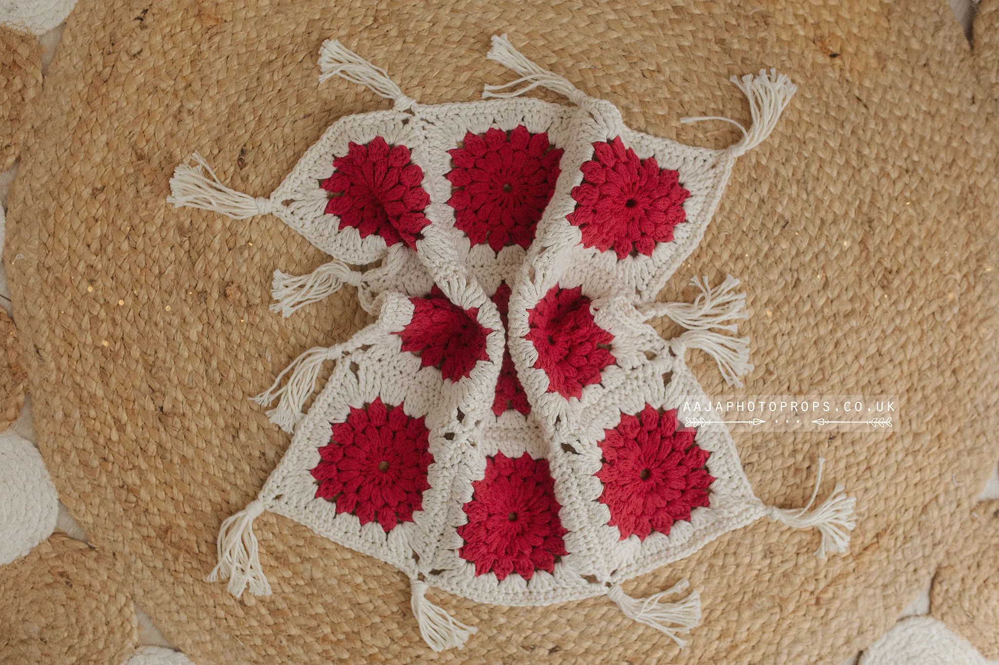 Vintage Style, Boho layer blanket, crochet, cream, red, RTS