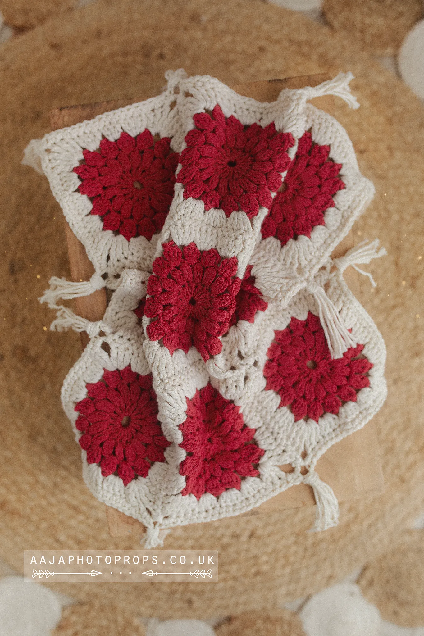 Vintage Style, Boho layer blanket, crochet, cream, red, RTS