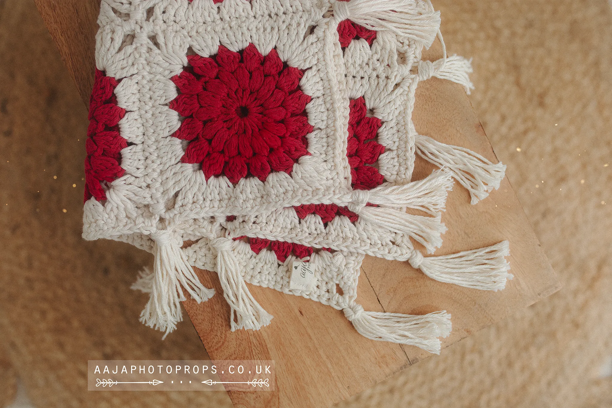 Vintage Style, Boho layer blanket, crochet, cream, red, RTS