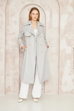 Women's Gold Button Chain Long Trench Coat Gray - SCB-W12389