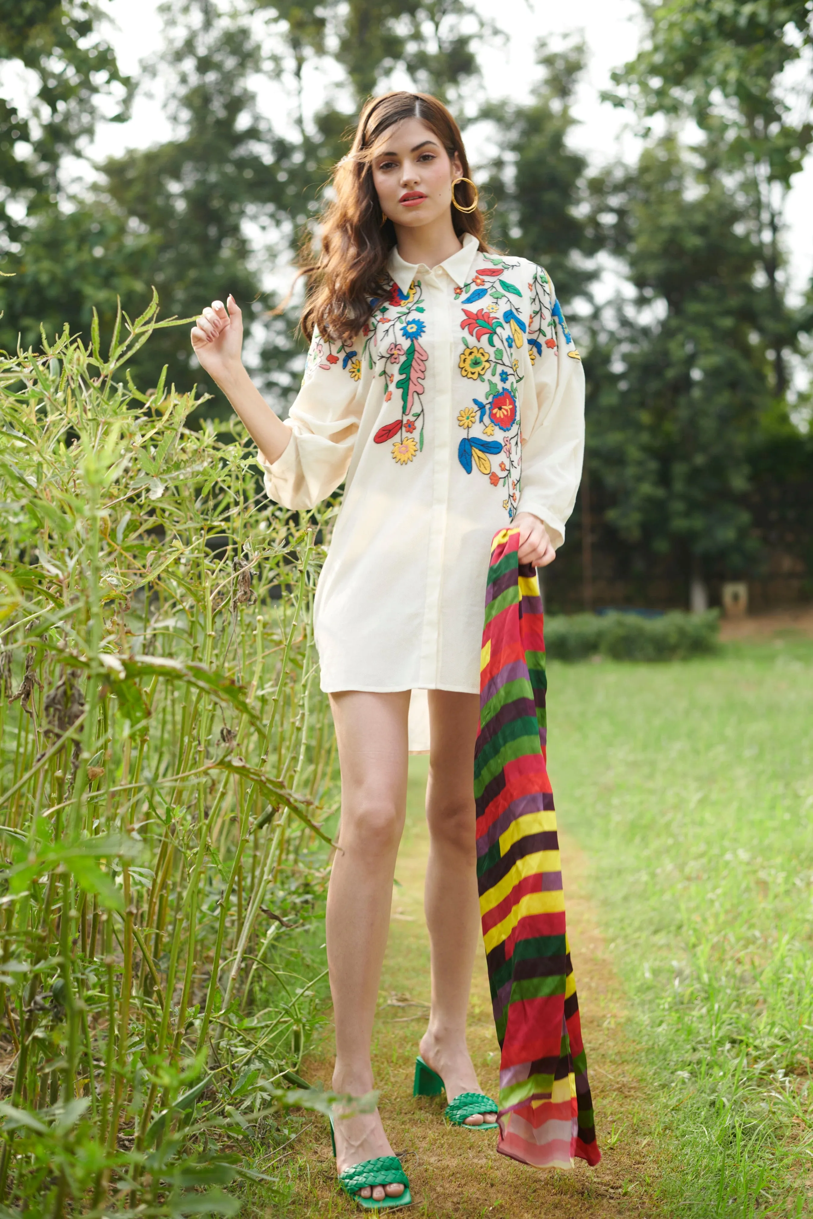 Women's Office wear Multicolor Embroidered Shirt Dress